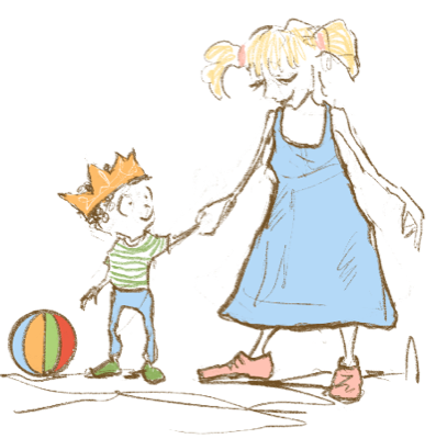 A hand-drawn grown-up watching over a crowned child