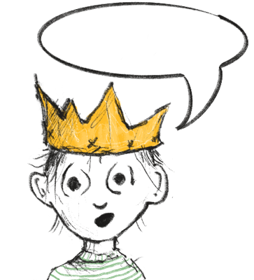 A hand-drawn crowned child with a speech bubble