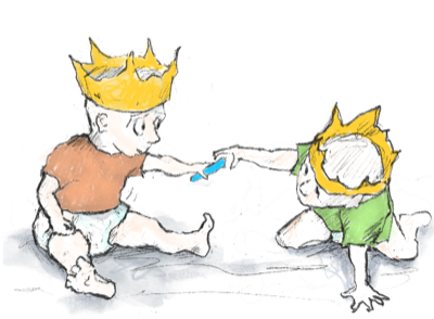 Two hand-drawn crowned children playing together