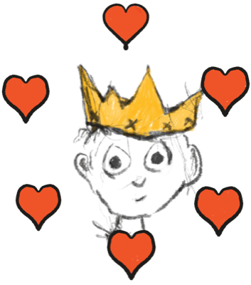 A hand-drawn crowned child surrounded by hearts