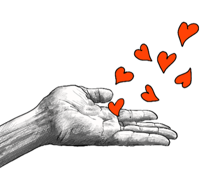 A hand-drawn hand releasing hearts
